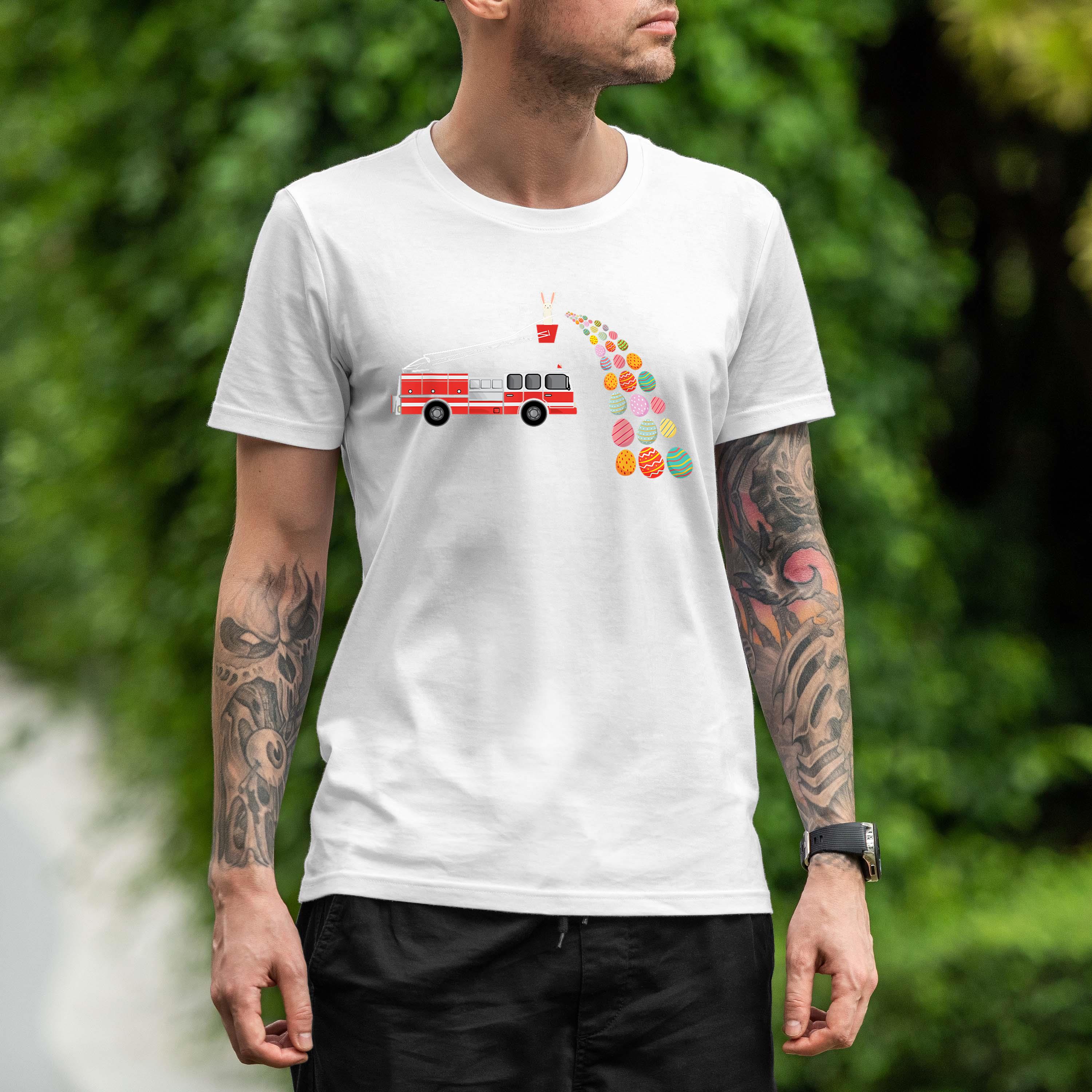 Happy Easter Day Eggs Firefighter Truck Cute Bunny Boys Kids Shirt 